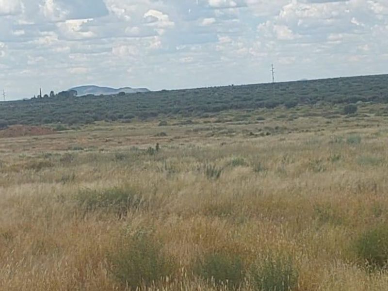 A wide-angle view of the expansive agricultural land featuring natural grassland and distant mountain vistas.