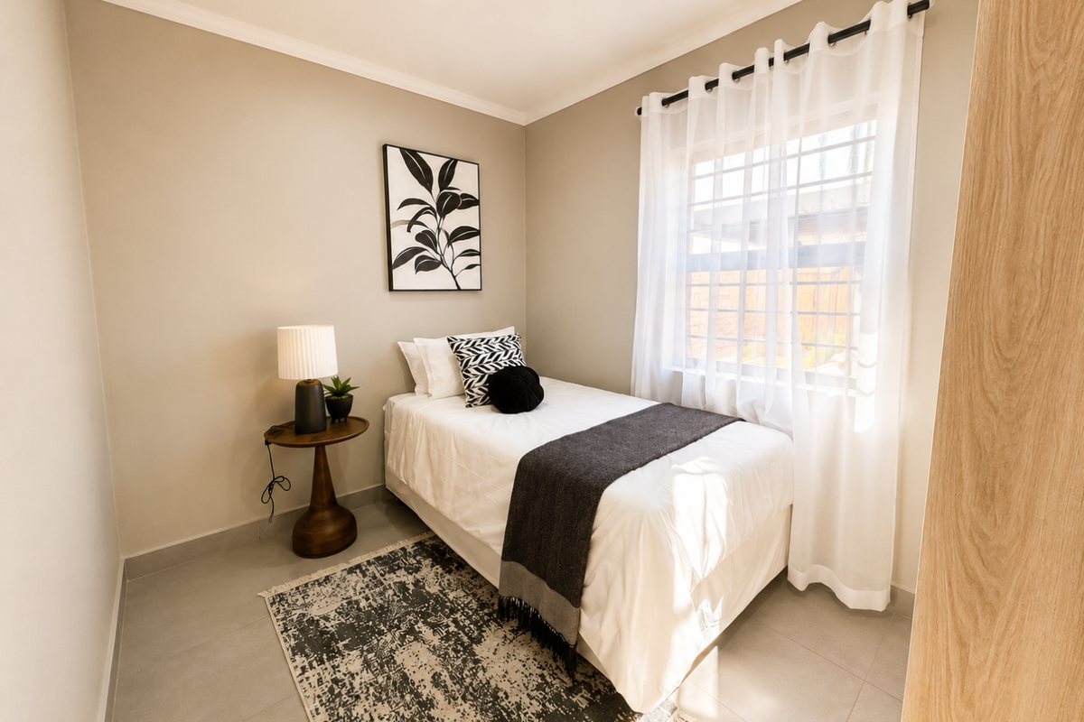 A well-maintained bedroom featuring neutral wall tones, tiled flooring, and a window fitted with security bars and sheer curtains.
