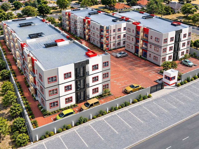 Aerial view of a modern apartment complex featuring multiple residential blocks, a paved parking area, and a secure gated entrance.