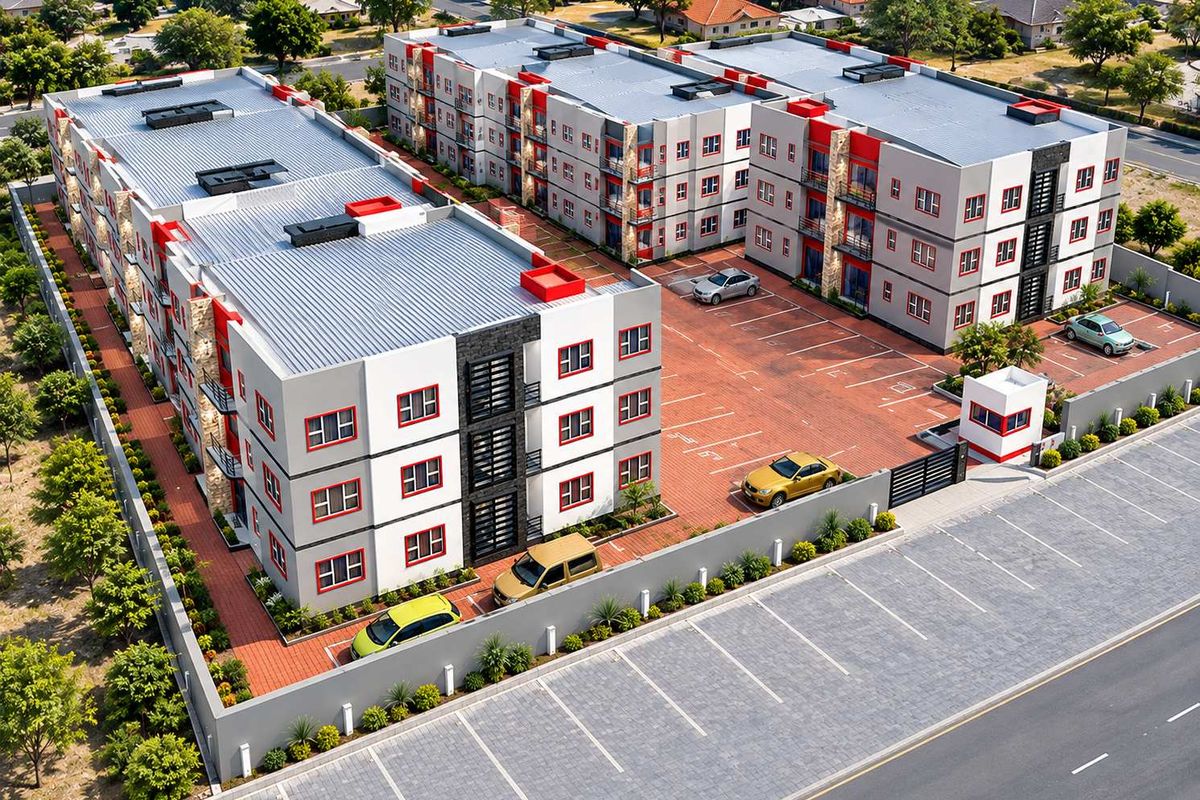 Aerial view of a modern apartment complex featuring multiple residential blocks, a paved parking area, and a secure gated entrance.