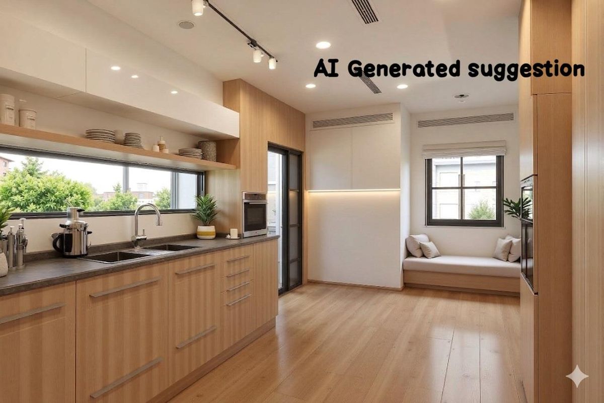 Modern kitchen featuring light wood cabinetry, integrated appliances, double sink, and a cozy built-in window seat with recessed and track lighting.