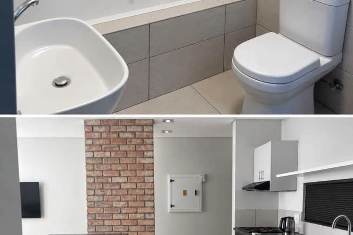 A composite image showing a modern bathroom with tiled finishes and an open-plan kitchen featuring an exposed brick wall and contemporary cabinetry.