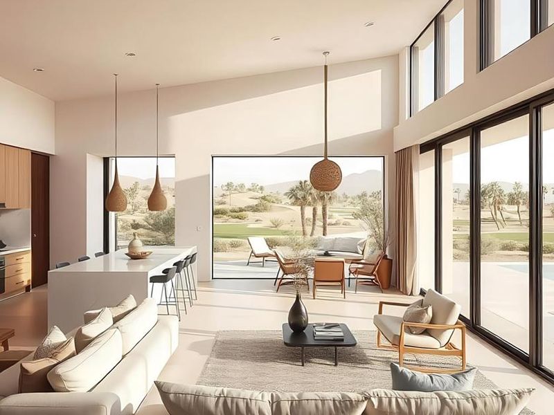 A bright, modern open-plan living and kitchen area featuring high ceilings, expansive floor-to-ceiling windows, and seamless access to an outdoor patio.