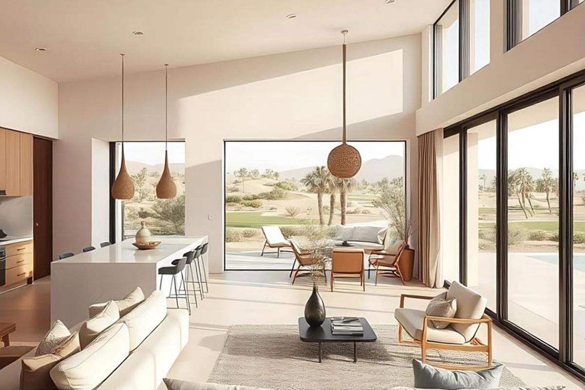 A bright, modern open-plan living and kitchen area featuring high ceilings, expansive floor-to-ceiling windows, and seamless access to an outdoor patio.