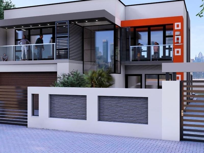 Modern two-story residential facade featuring clean lines, stone accents, glass balconies, and secure perimeter fencing with a gated entrance.
