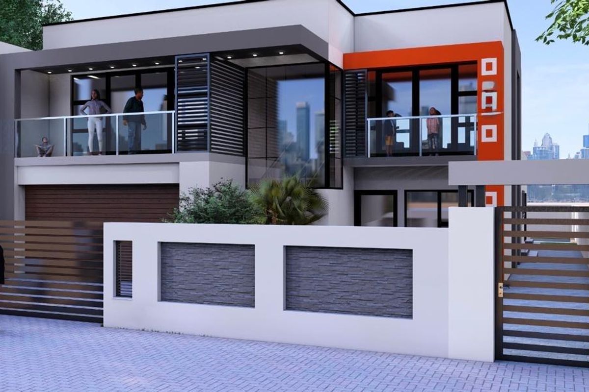 Modern two-story residential facade featuring clean lines, stone accents, glass balconies, and secure perimeter fencing with a gated entrance.