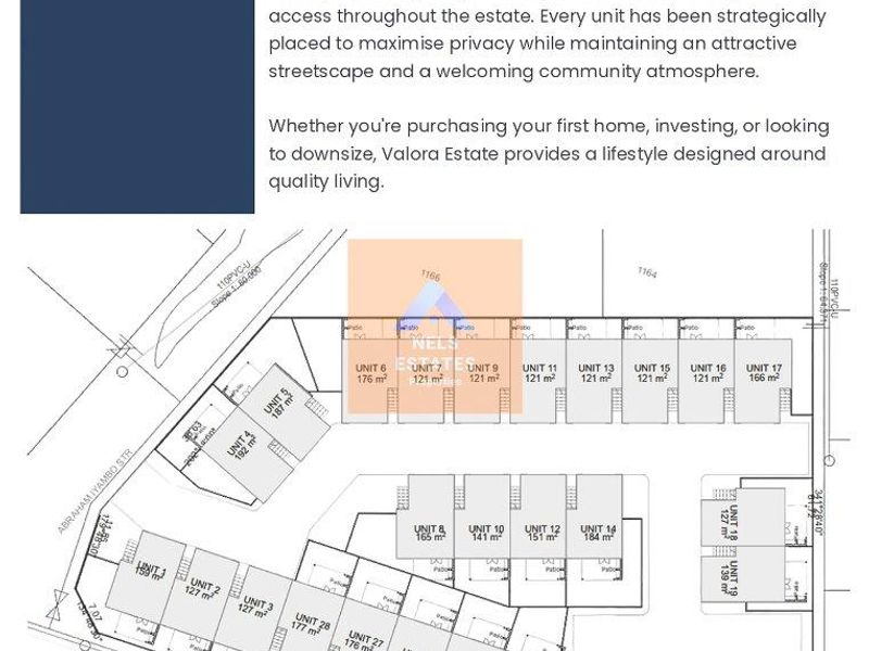 A detailed site layout plan for Valora Estate, showcasing the positioning and sizing of multiple townhouse units within the community.