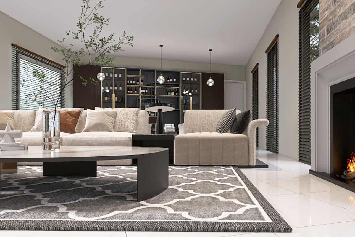 Spacious living room featuring a modern built-in fireplace, large windows with venetian blinds, and a custom integrated wine display cabinet.