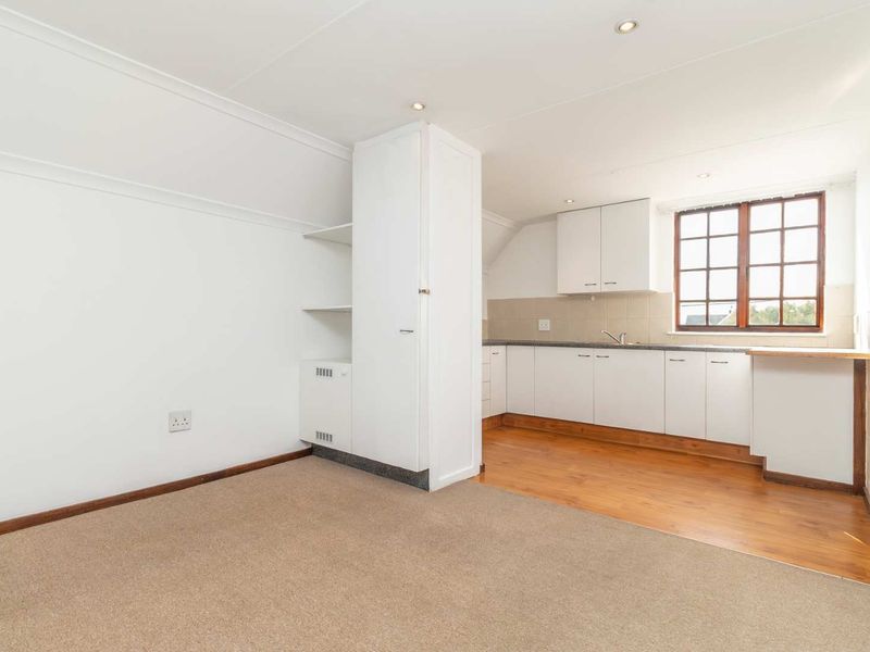 An open-plan living and kitchen area featuring a combination of carpet and laminate flooring, built-in white cabinetry, and a window with natural light.