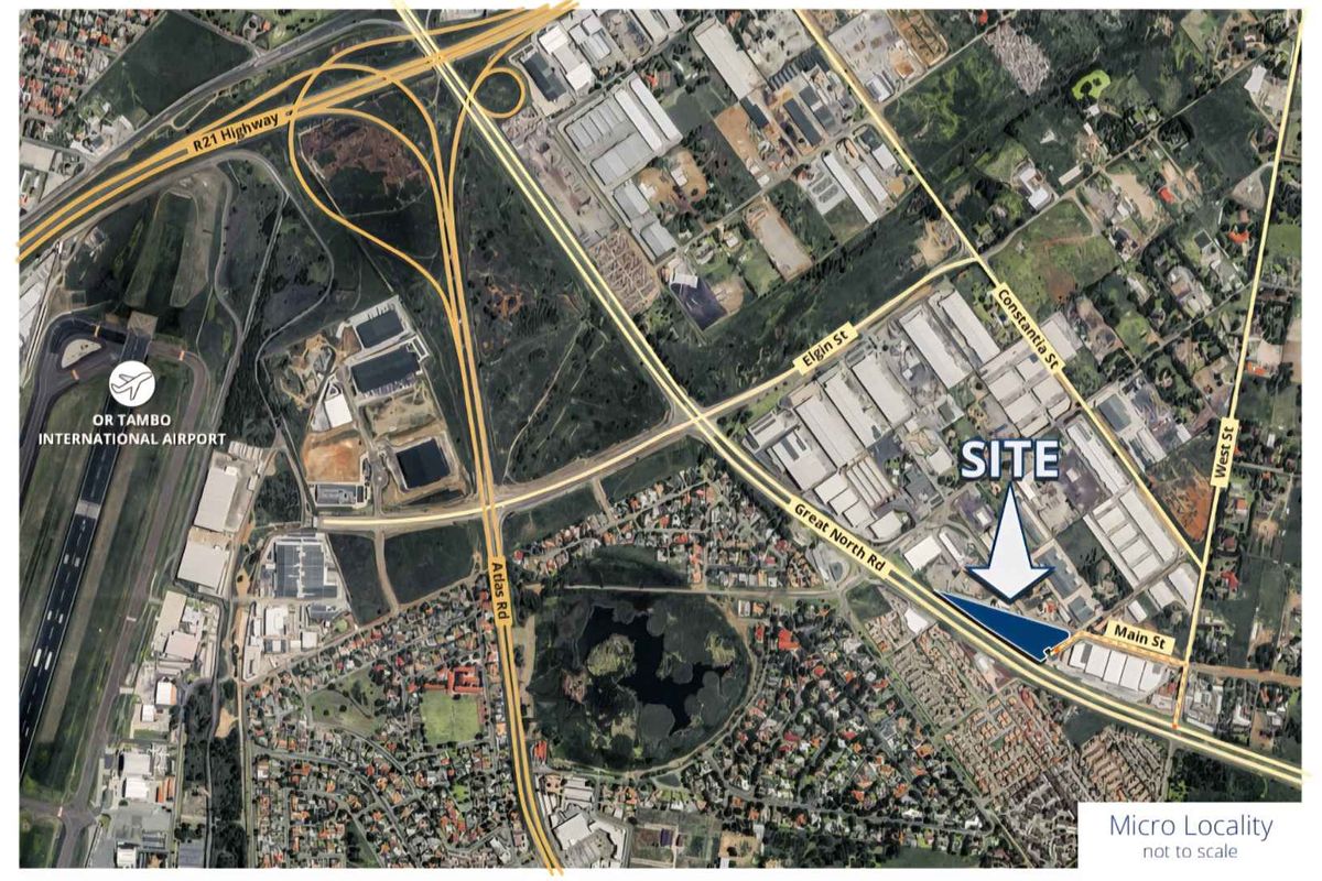 Aerial view showing the micro-locality of the industrial site in relation to major transport routes and OR Tambo International Airport.
