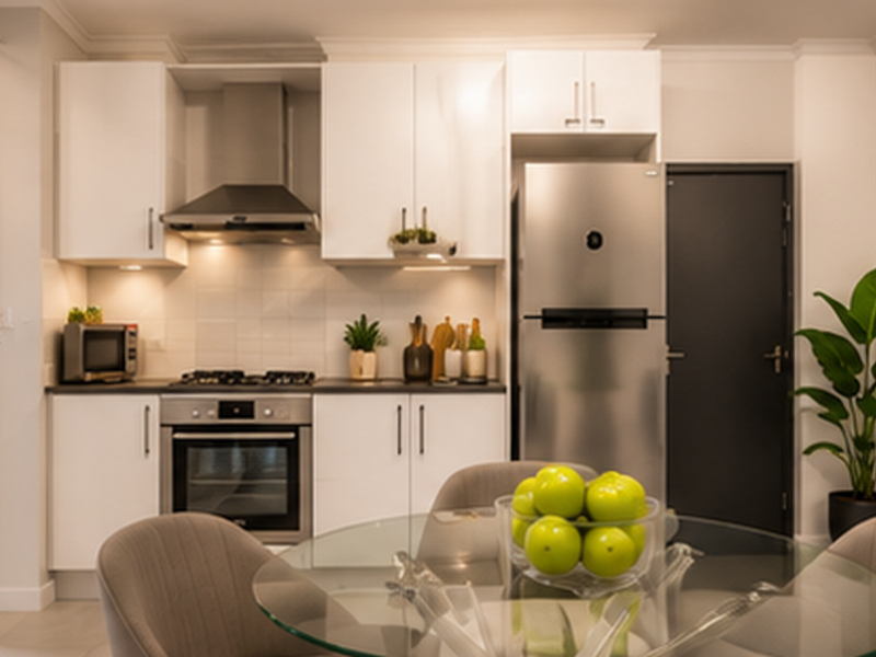 Modern kitchen featuring white cabinetry, stainless steel appliances, gas hob, built-in oven, and integrated extractor fan with under-cabinet lighting.