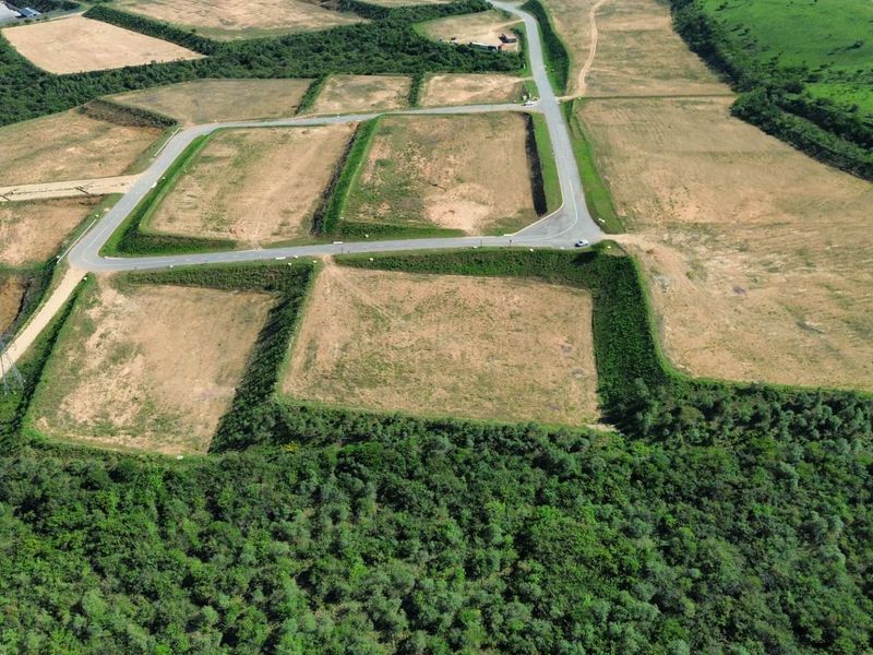 Aerial view of a developed industrial site featuring cleared plots, paved access roads, and established earth berms surrounded by natural vegetation.