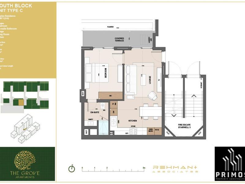 Architectural floor plan for a one-bedroom apartment unit featuring an open-plan kitchen and living area, en-suite bathroom, and a covered terrace.