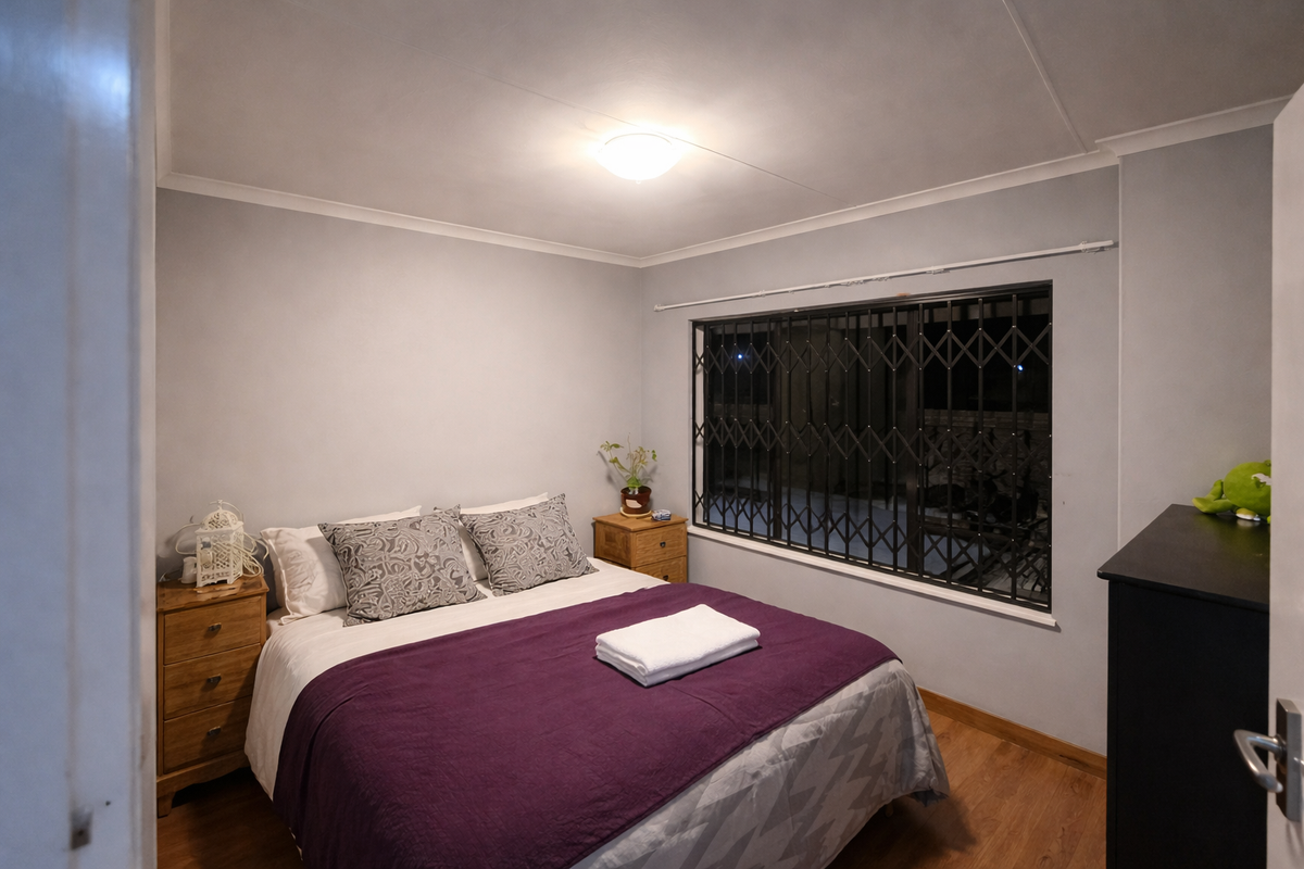 A cozy bedroom featuring laminate flooring, neutral wall paint, and a window fitted with a security gate.