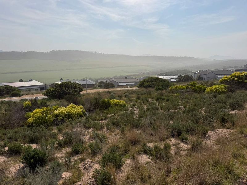 A scenic view overlooking a residential estate with natural fynbos vegetation and rolling hills in the background.