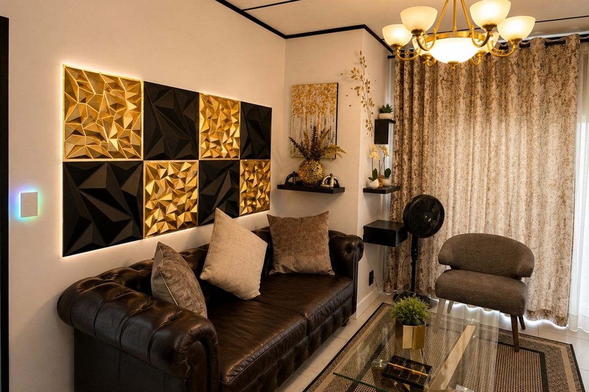 A well-appointed living room featuring decorative geometric wall panels with integrated lighting, a classic chandelier, and neutral tiled flooring.
