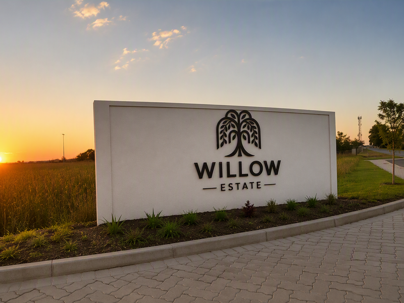 A professional view of the Willow Estate entrance signage at sunset, featuring a clean, modern design and well-maintained landscaping.
