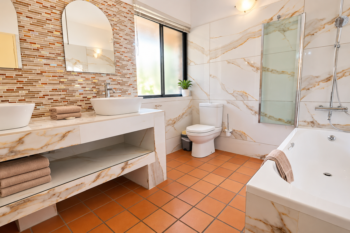Modern bathroom featuring a double vanity with vessel sinks, marble-look wall tiles, a built-in bathtub with shower attachment, and terracotta-style floor tiles.