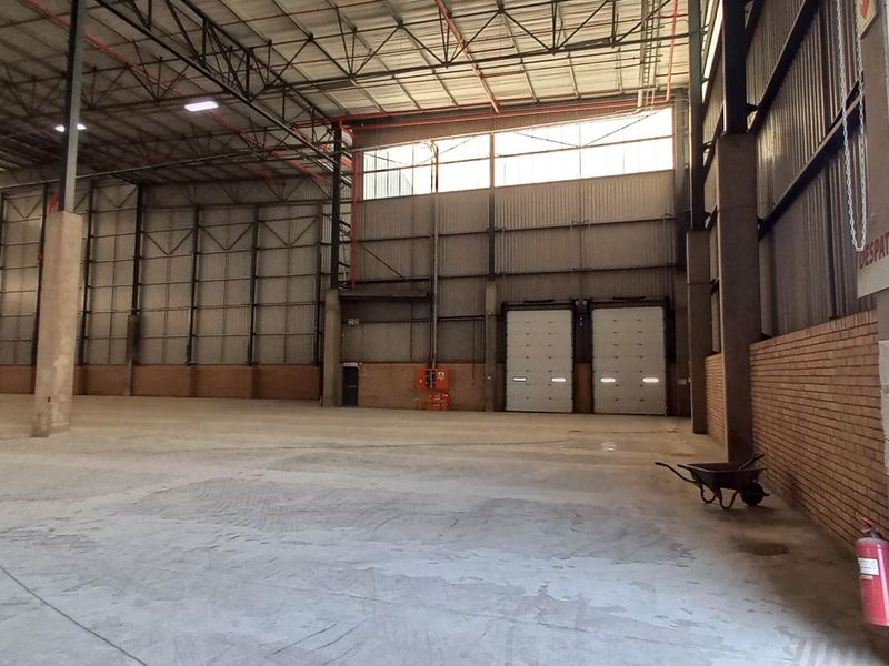 Spacious industrial warehouse featuring high ceilings, exposed steel trusses, concrete flooring, and multiple roller shutter doors for efficient loading and dispatch operations.