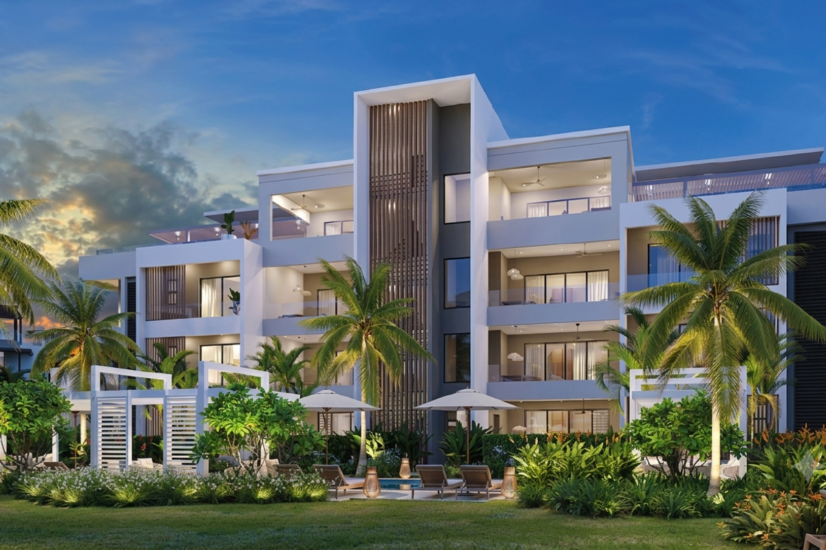 A modern apartment complex featuring multi-level balconies, contemporary architectural timber detailing, and lush landscaped grounds.