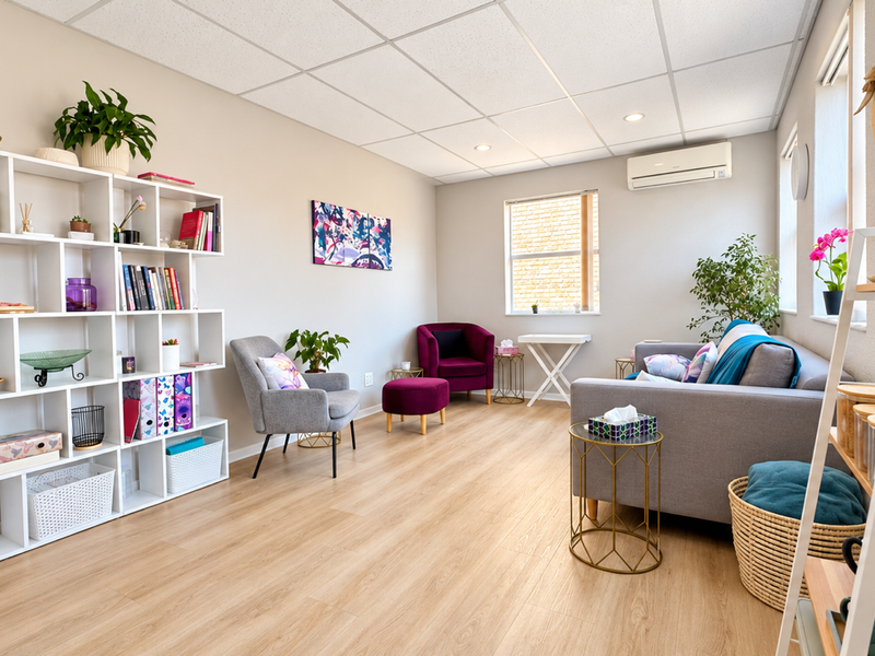 A bright and well-maintained office or lounge area featuring laminate flooring, a suspended ceiling, and a wall-mounted split-system air conditioning unit.