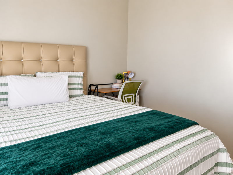 A well-lit bedroom featuring neutral wall tones and a clean, modern aesthetic.