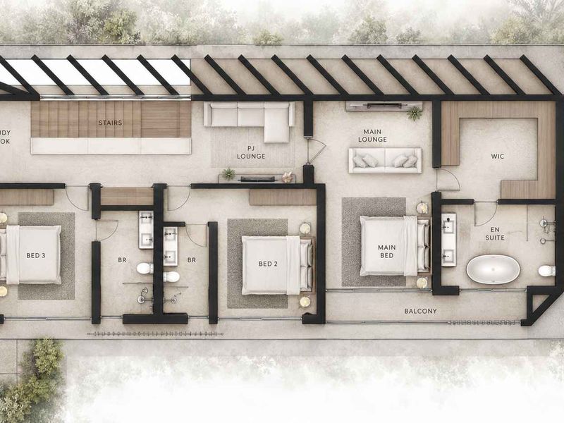 A detailed architectural floor plan showing the layout of the upper level, including four bedrooms, multiple bathrooms, a lounge, and a balcony.