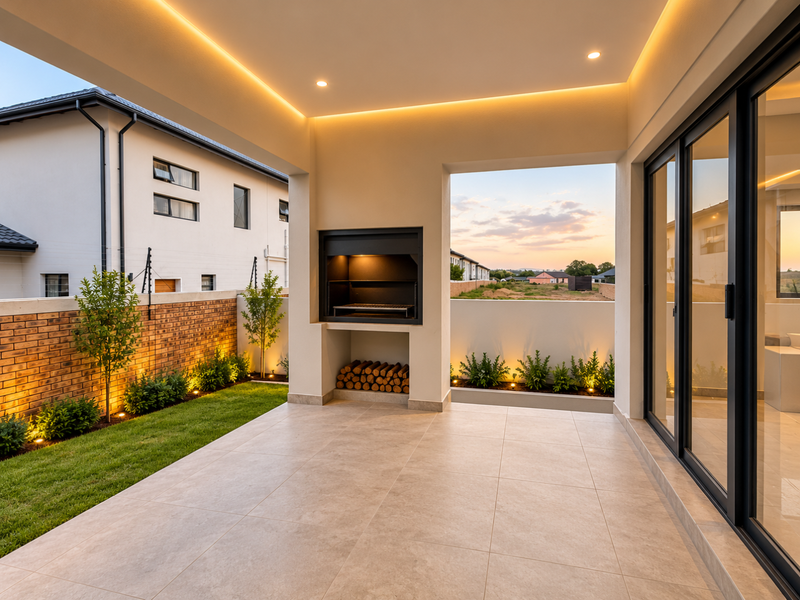 A modern covered patio featuring a built-in braai, recessed lighting, and large sliding glass doors, overlooking a landscaped garden and brick boundary wall.