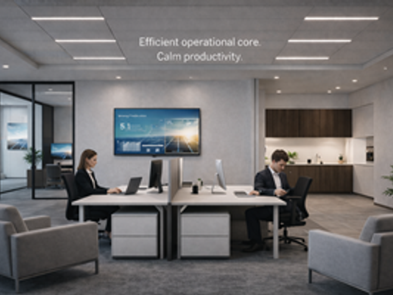 Modern professional office space featuring a sleek kitchenette, glass-partitioned meeting area, and integrated wall-mounted display for a productive work environment.