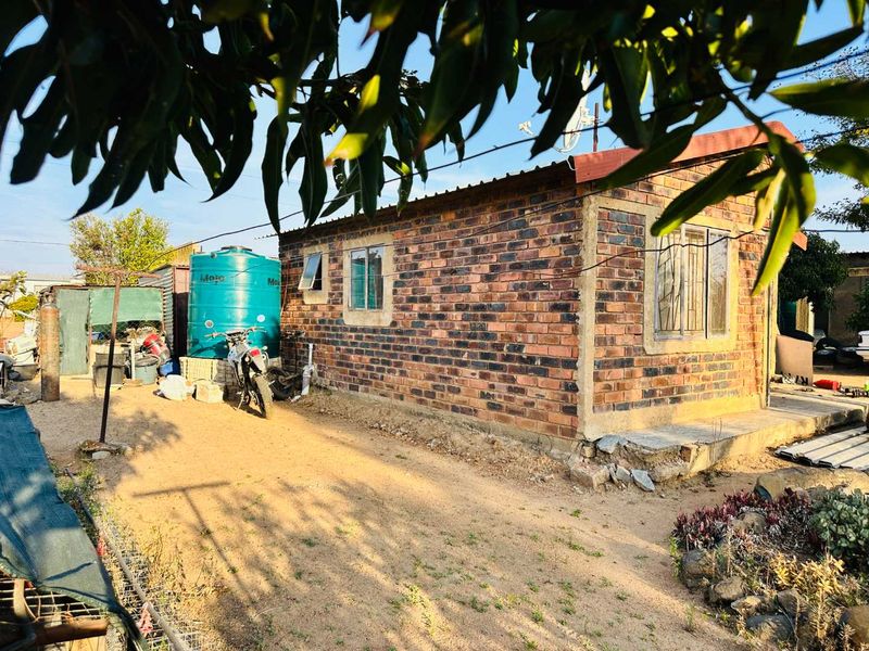 Rear view of a face brick house featuring a metal roof, aluminum window frames, and an external water storage tank.