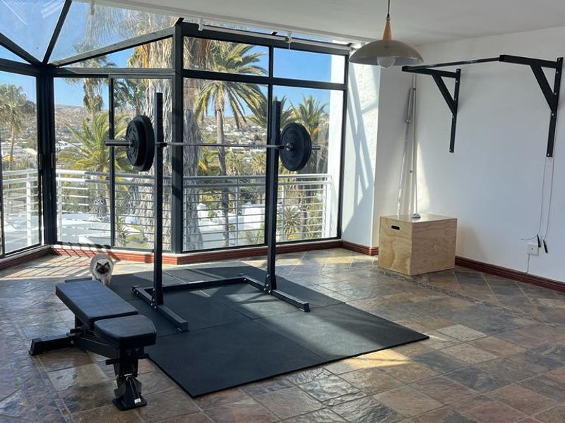A bright gym space featuring large conservatory-style windows, slate tile flooring, and a wall-mounted pull-up bar, offering an airy atmosphere for exercise.