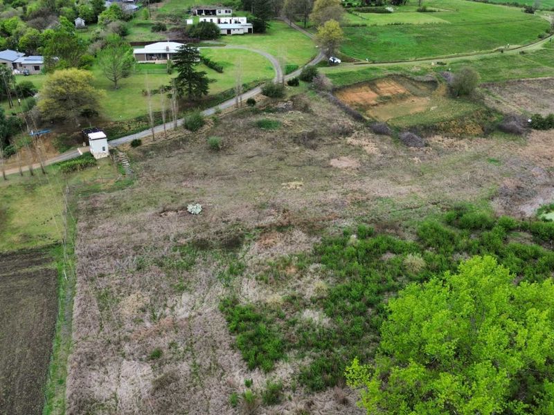 An aerial view of a vacant residential plot featuring natural vegetation, a small pond, and access to a nearby road.
