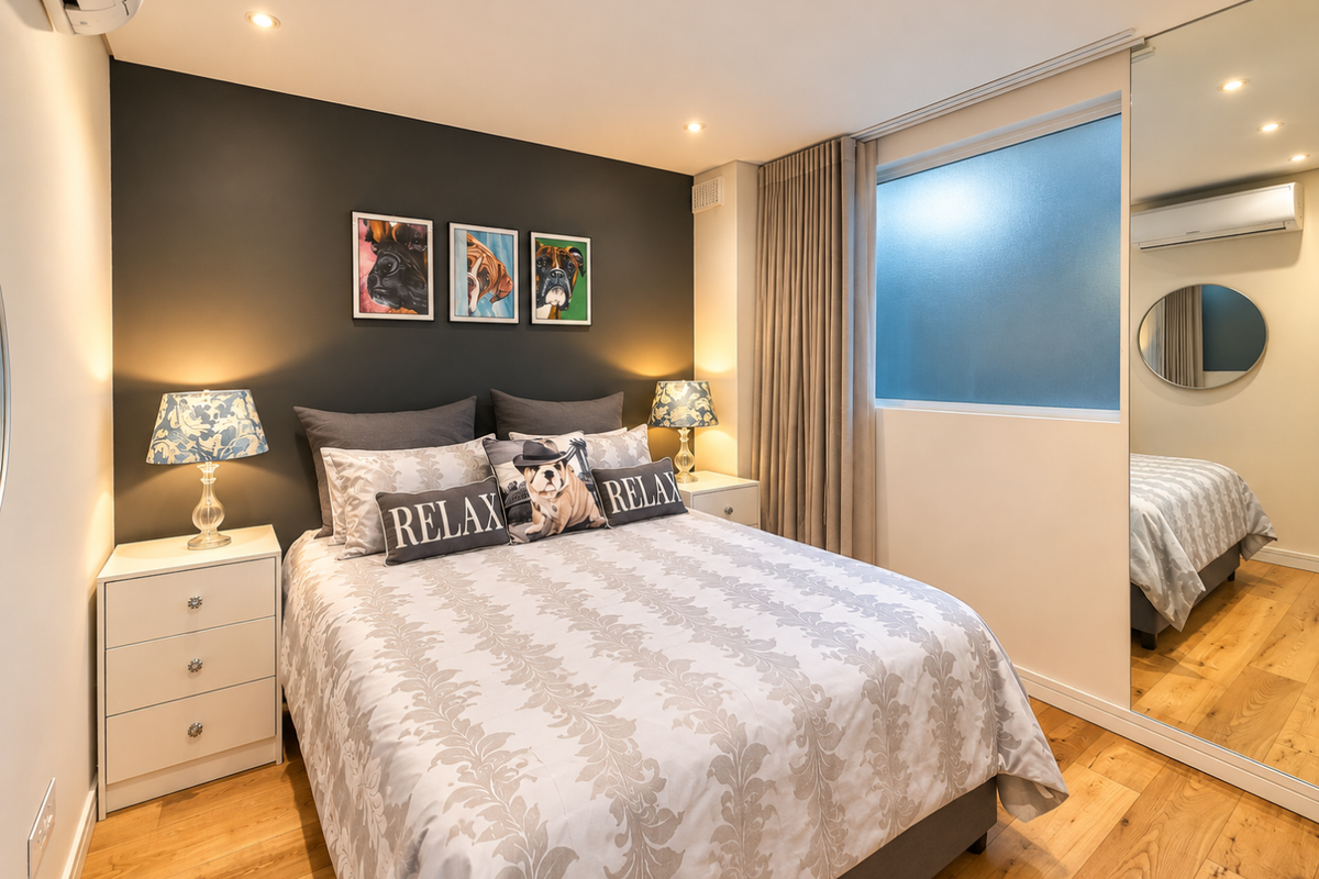 A well-maintained bedroom featuring hardwood flooring, recessed lighting, a split-system air conditioner, and large mirrored sliding wardrobe doors.