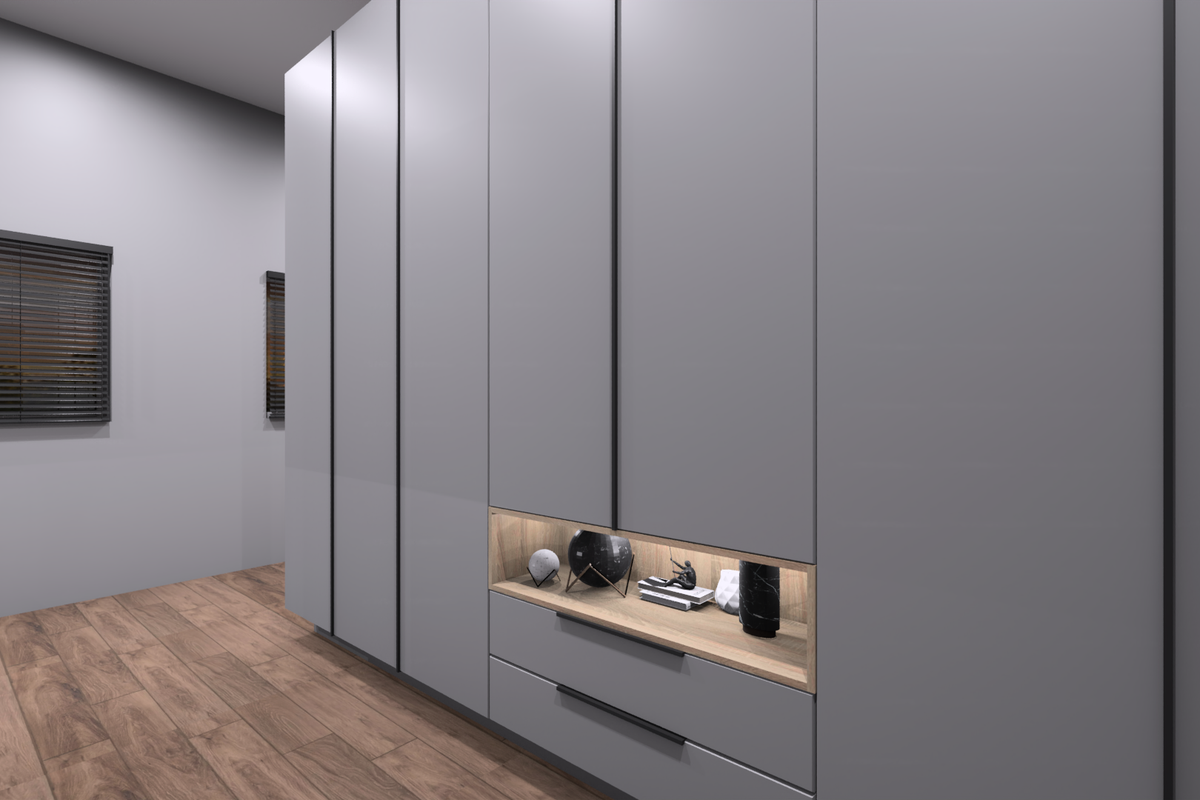 A modern bedroom featuring floor-to-ceiling built-in grey cabinetry with integrated shelving, wood-look flooring, and venetian blinds.
