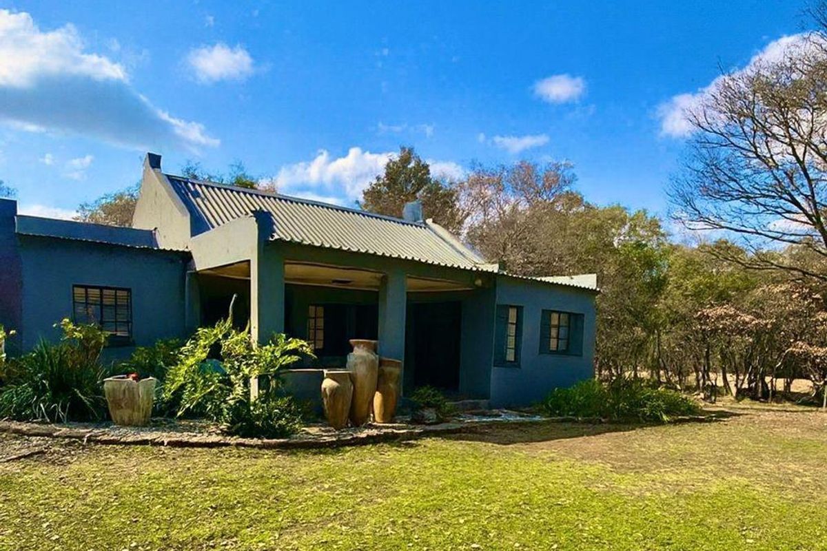 A rear view of a farm-style dwelling featuring a covered patio, corrugated metal roofing, and established garden surroundings.
