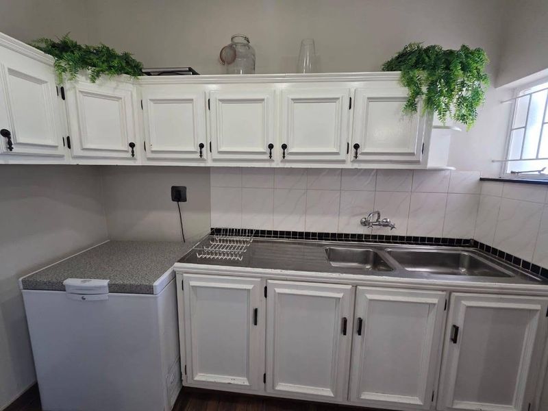 A functional scullery area featuring built-in white cabinetry, a double stainless steel sink, and a tiled backsplash, providing practical utility space.