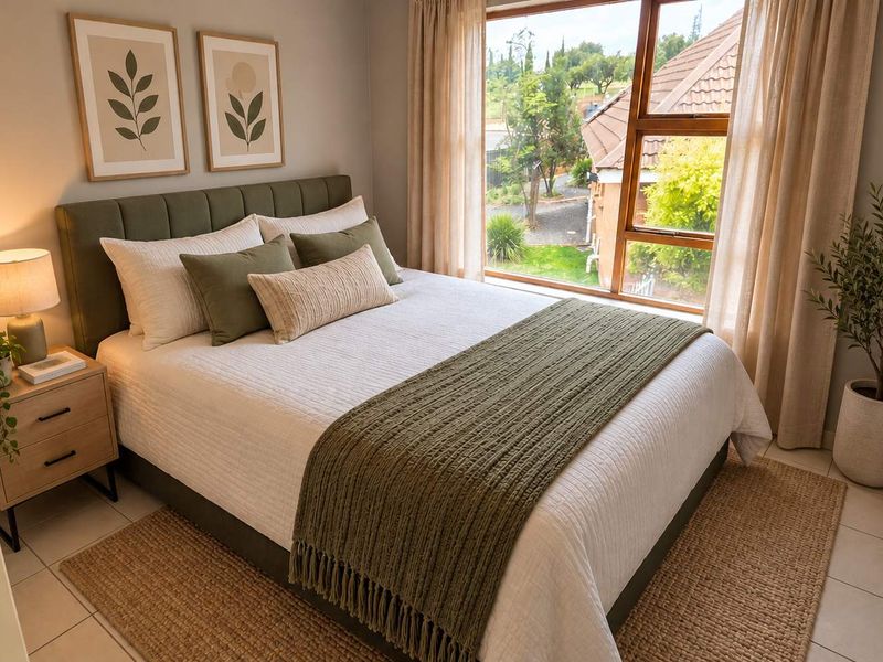A well-lit bedroom featuring tiled flooring and a large window providing natural light and a view of the surrounding area.