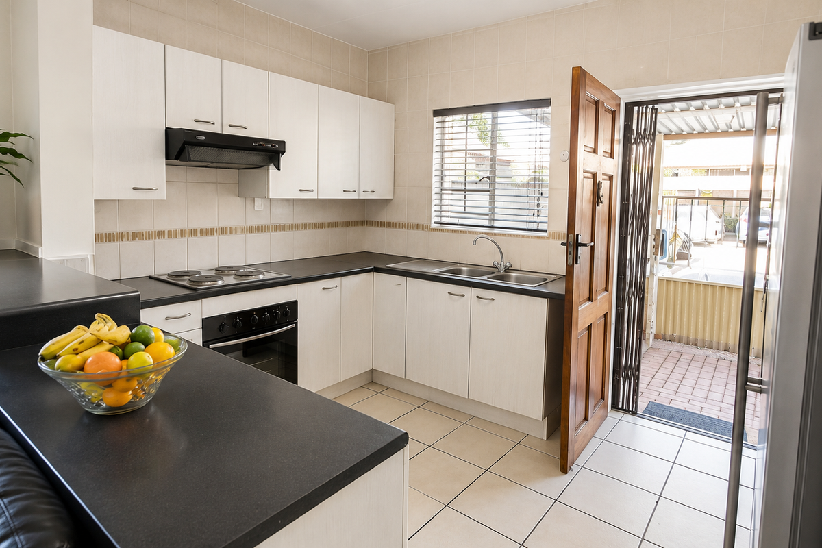 A functional kitchen featuring light-toned cabinetry, dark countertops, a built-in oven and hob, and direct access to an outdoor patio area.