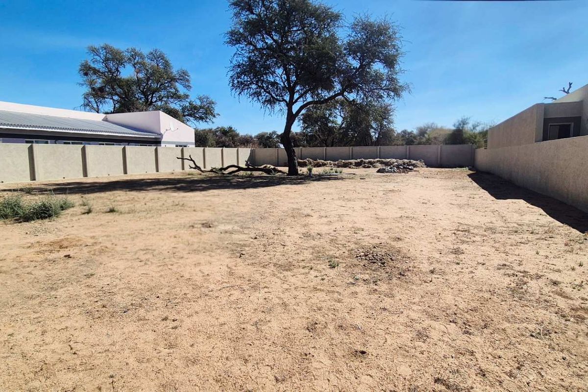 A spacious, undeveloped rear yard area enclosed by perimeter walls, featuring a large mature tree and natural ground surface.