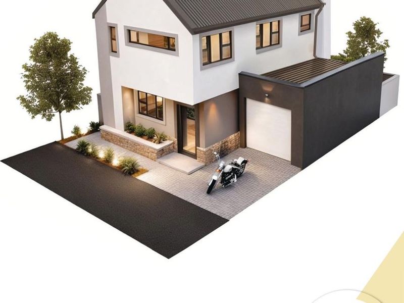 A 3D architectural render of a modern two-story townhouse featuring a pitched roof, paved driveway, and an integrated single garage.