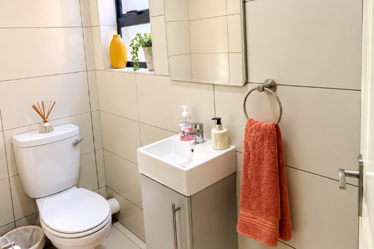 A compact, modern guest bathroom featuring floor-to-ceiling wall tiles, a wall-mounted vanity with basin, and a standard toilet.