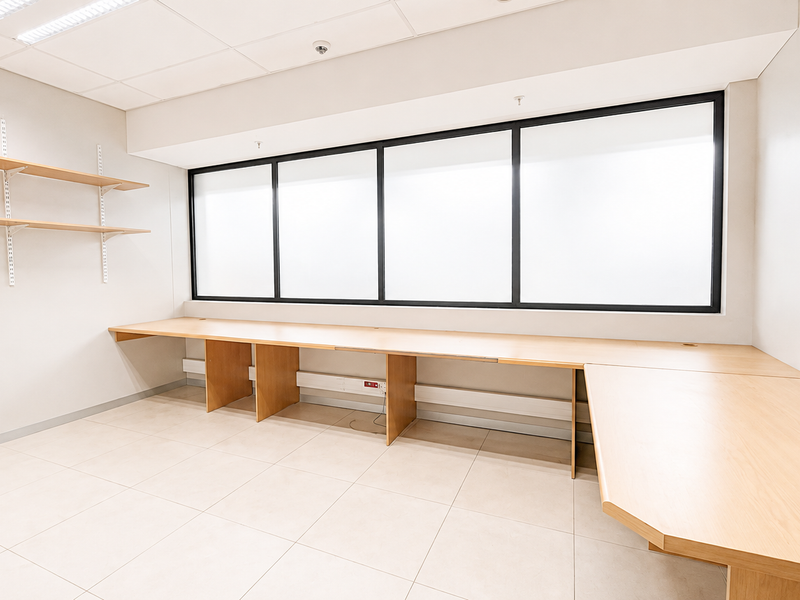 A bright, empty office space featuring a large built-in desk, wall-mounted shelving, tiled flooring, and a suspended ceiling with integrated lighting.