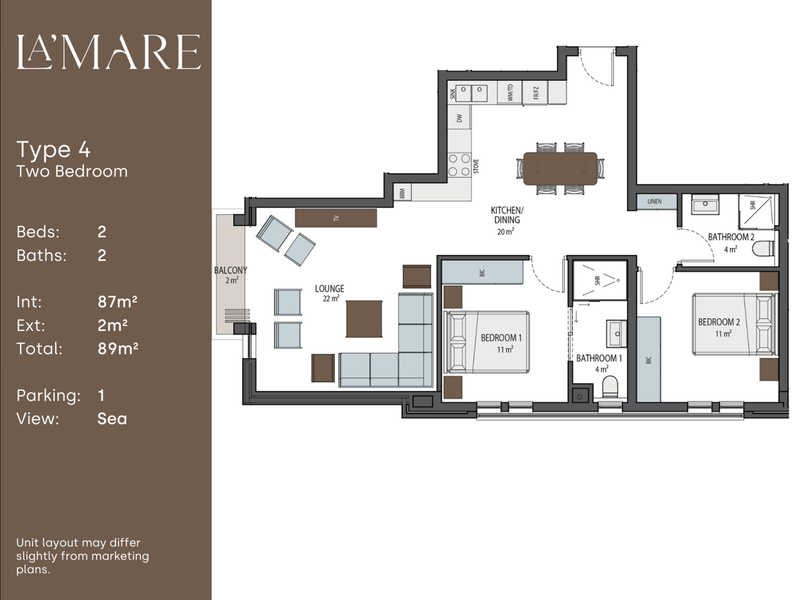 A detailed floor plan for a two-bedroom, two-bathroom apartment unit, showcasing the layout of the kitchen, lounge, and balcony areas.