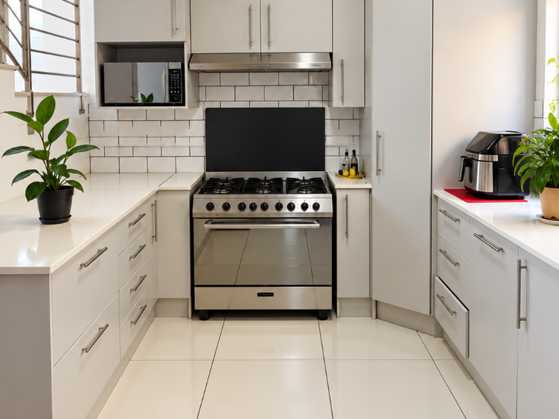 Modern kitchen featuring light grey cabinetry, quartz countertops, subway tile backsplash, and a stainless steel gas stove with an integrated extractor fan.