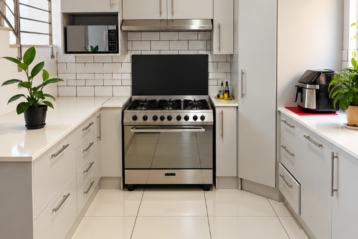Modern kitchen featuring light grey cabinetry, quartz countertops, subway tile backsplash, and a stainless steel gas stove with an integrated extractor fan.