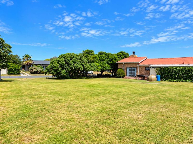 A spacious, well-maintained residential garden featuring a large lawn, mature trees, and a precast concrete boundary wall.