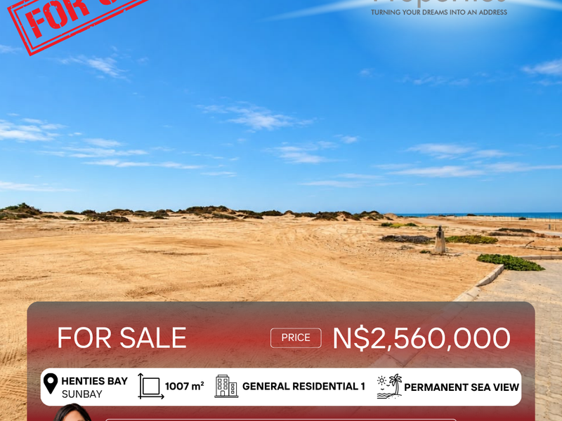 Vacant residential land in Henties Bay, Sunbay, offering 1007 square meters with general residential zoning and permanent sea views.