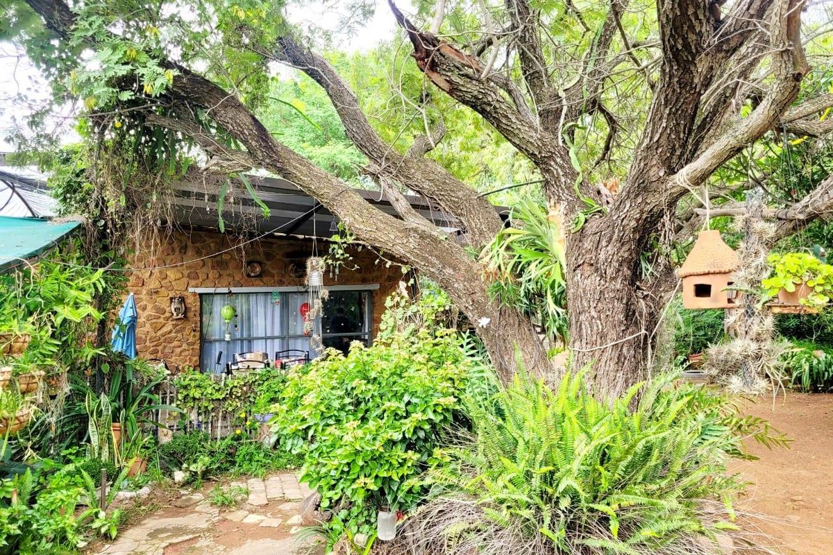 A rustic exterior view of a small holding dwelling featuring natural stone wall finishes, shaded by a large mature tree in a garden setting.