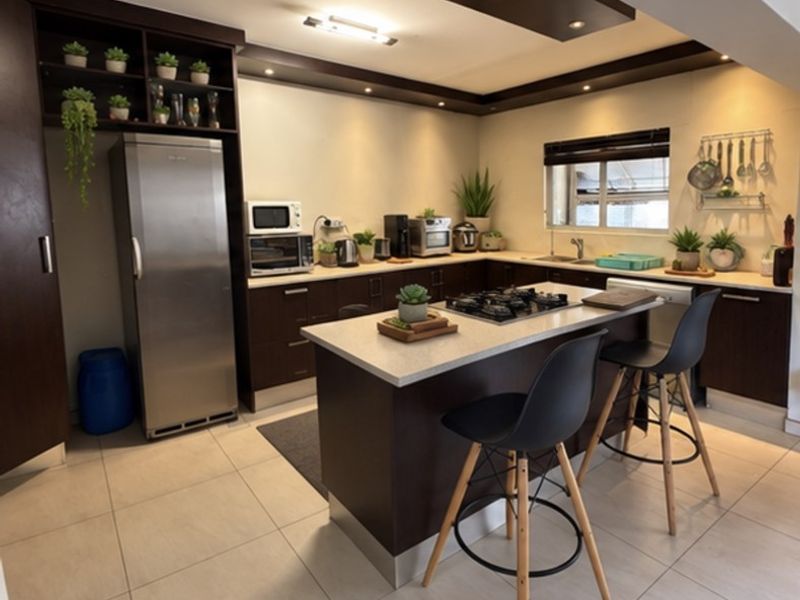 Modern kitchen featuring dark wood cabinetry, stone countertops, a central island with a gas cooktop, and recessed lighting.