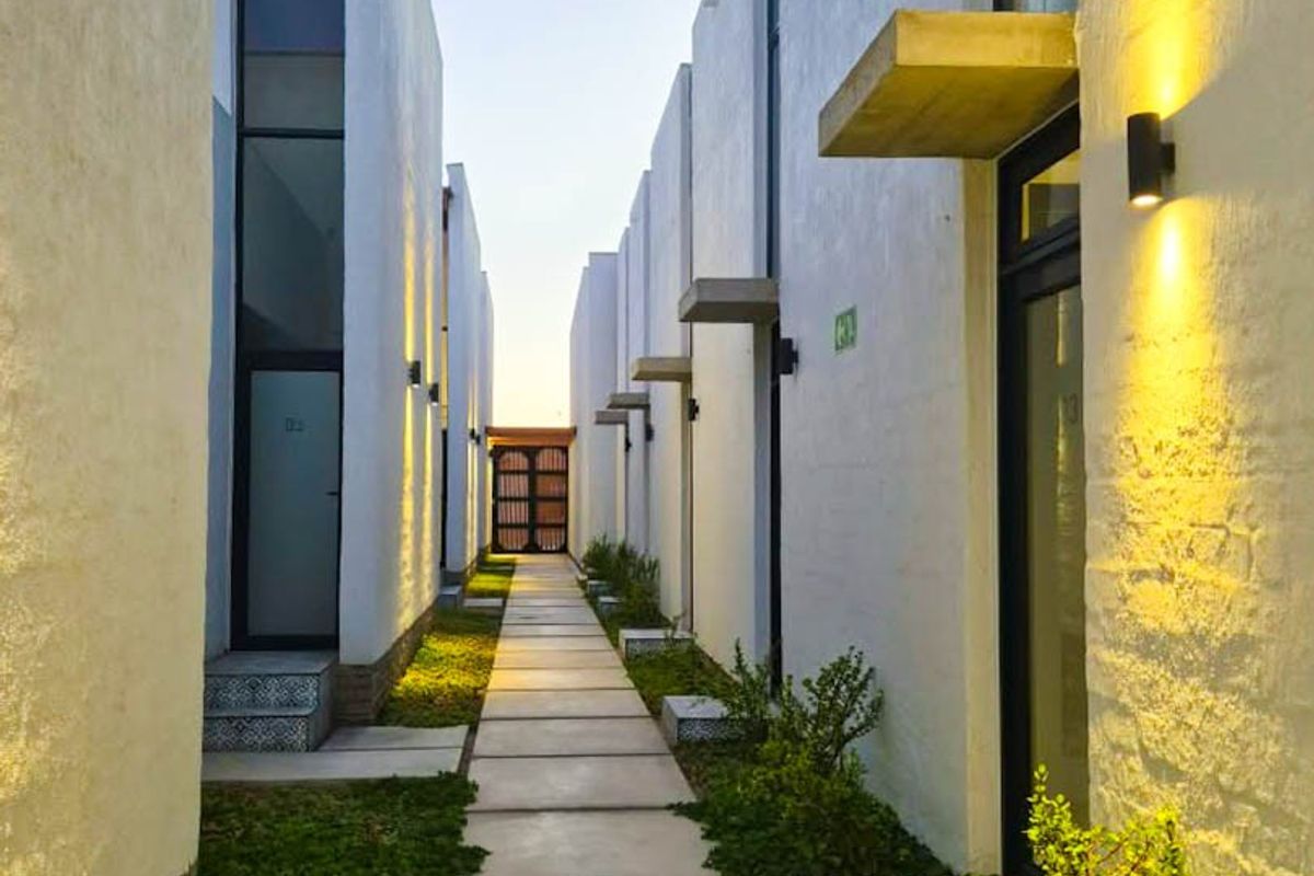A modern exterior walkway between townhouse units featuring concrete paving, landscaped garden beds, and contemporary wall-mounted lighting.